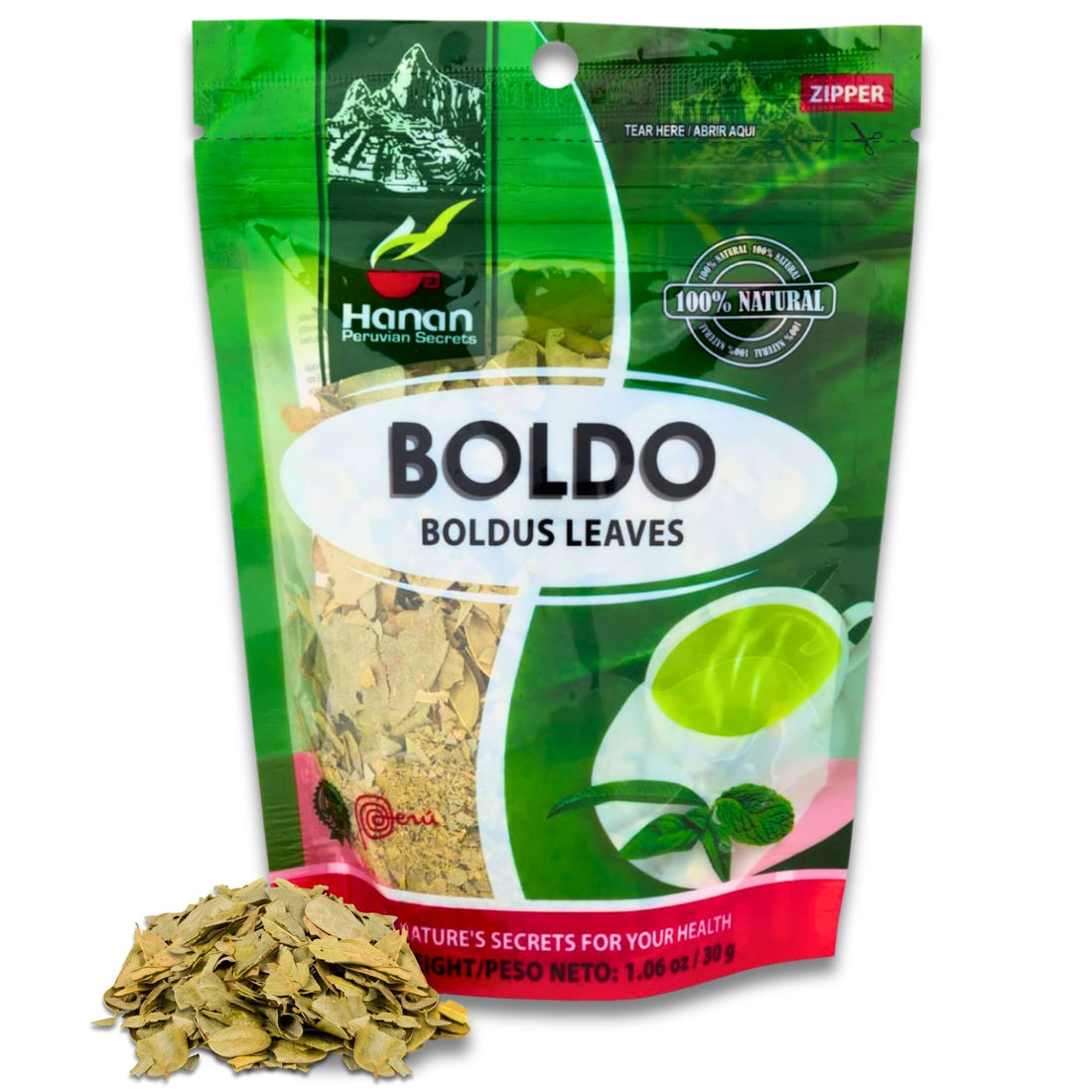 Boldus loose leaf herbal tea (boldo) in a resealable pouch next to dried boldo leaves