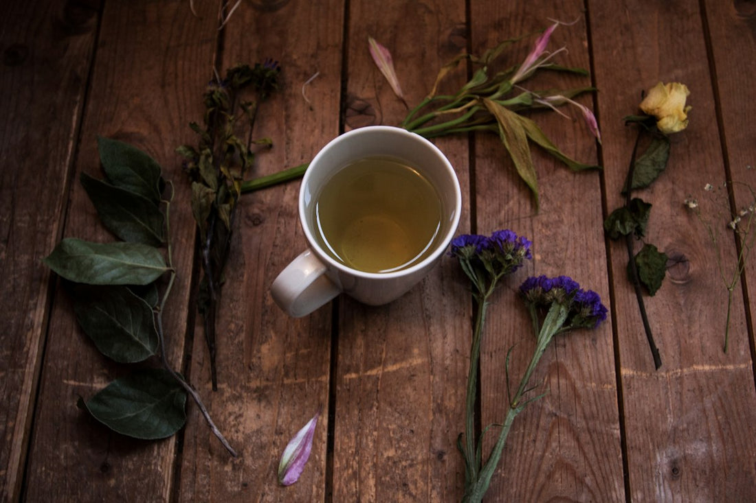 Cup of pale herbal tea on a wooden table surrounded by dried herbs and flowers