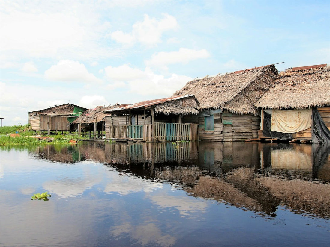Thatched wooden houses reflected in the river near Iquitos in the Peruvian Amazon
