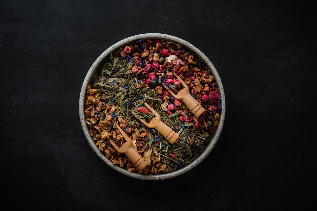 Bowl of dried bitter herbal tea leaves, like Peru's traditional Amargo tea