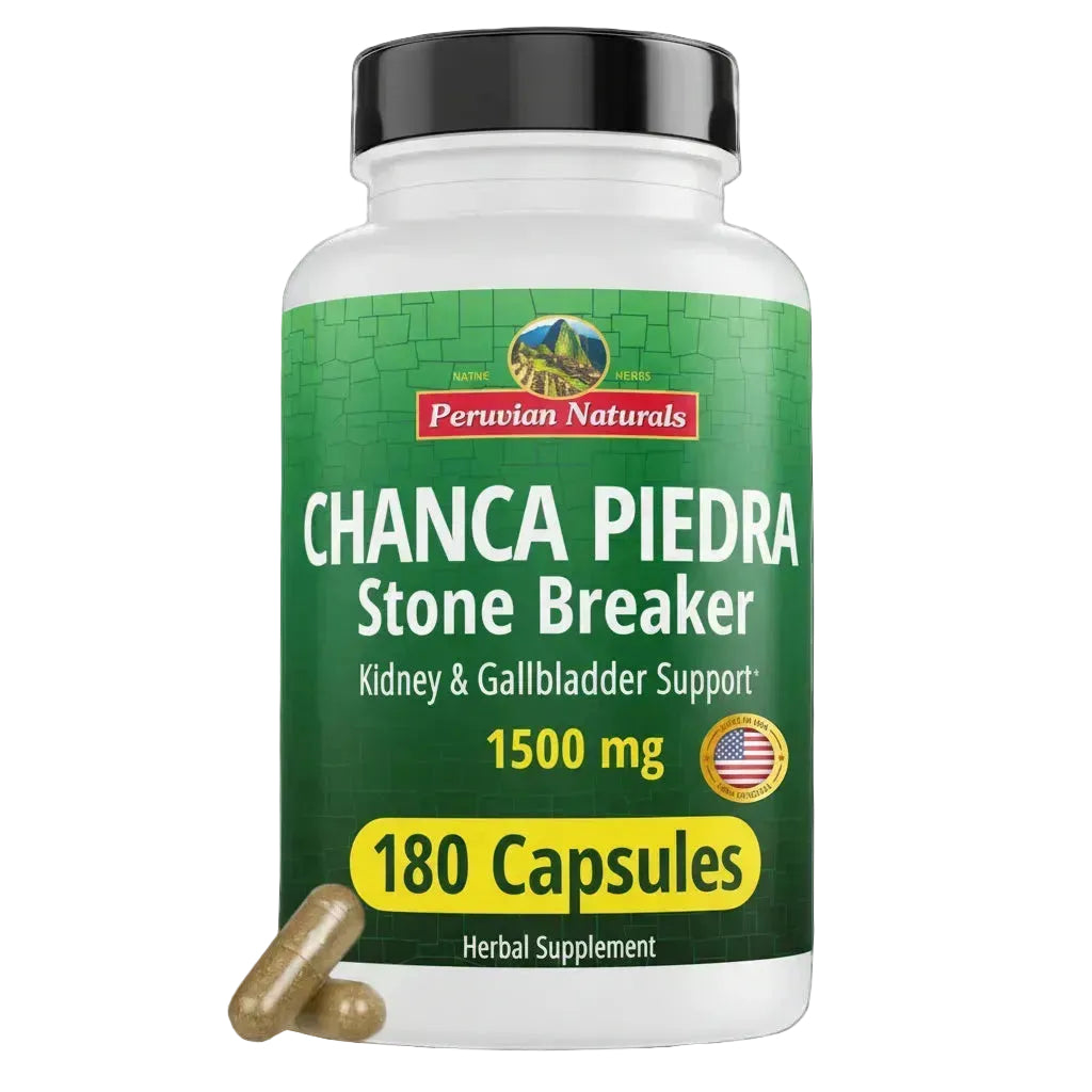 Peruvian Naturals Chanca Piedra Stone Breaker 180 capsules bottle — kidney, gallbladder, and urinary support supplement from Peru