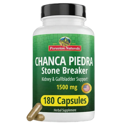 Peruvian Naturals Chanca Piedra Stone Breaker 180 capsules bottle — kidney, gallbladder, and urinary support supplement from Peru
