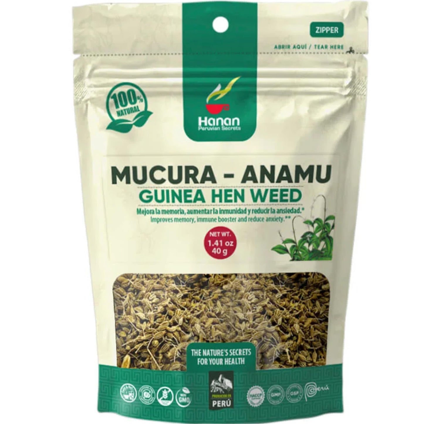 Hanan Peruvian Secrets Mucura Guinea Hen Weed Tea (Anamu) - Loose Herbal Leaf 1.41oz (40g) - 100% Natural Petiveria Alliacea from Peru - Caffeine-Free, Non-GMO, Herbal Tea for Wellness