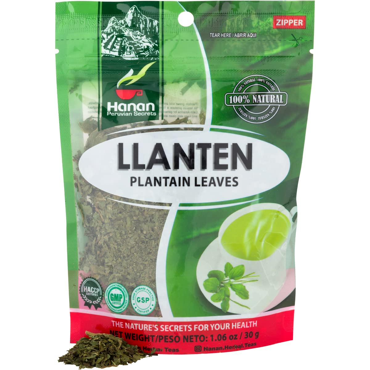 Hanan Plantain Leaf Tea (Llanten) 1.1 oz (30 g) - Loose, Dried Llanten Plant Leaves from Peru, 1.06 Ounce (Pack of 1)