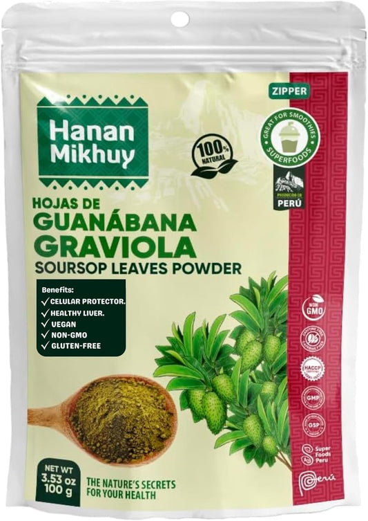 HANAN MIKHUY Hojas de Guanábana 100g - 100% Natural Graviola Soursop Leaf Powder for Liver Protection, Vitality & Overall Well-Being Vegan, Non-GMO, Gluten-Free, Keto from Peru (3.5oz)