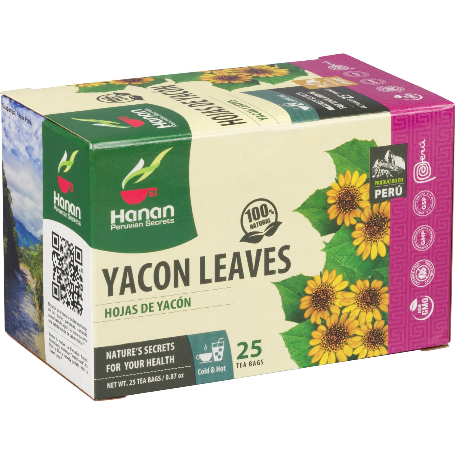 Hanan Yacon Leaf Herbal Tea - 25 Teabags of Hojas de Yacon, All Natural Leaves and Herbs from Peru