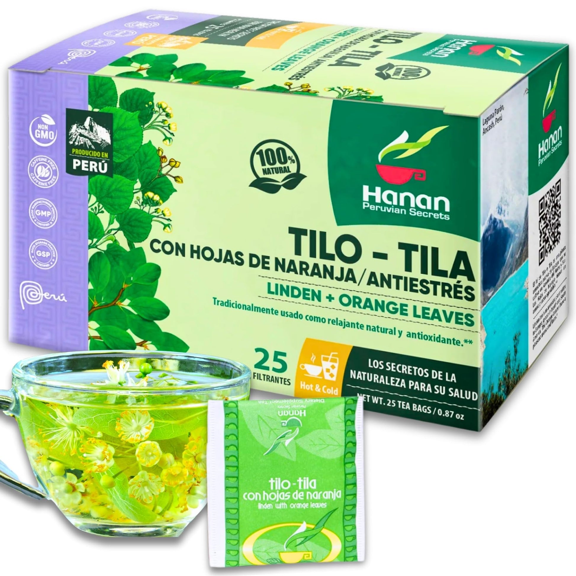 Hanan Linden Tea with Orange Leaves (Tilo con Naranja) - 25 Teabags of All-Natural Linden Leaves from Peru - Little-Leaf Linden, Pry con Hojas de Naranja