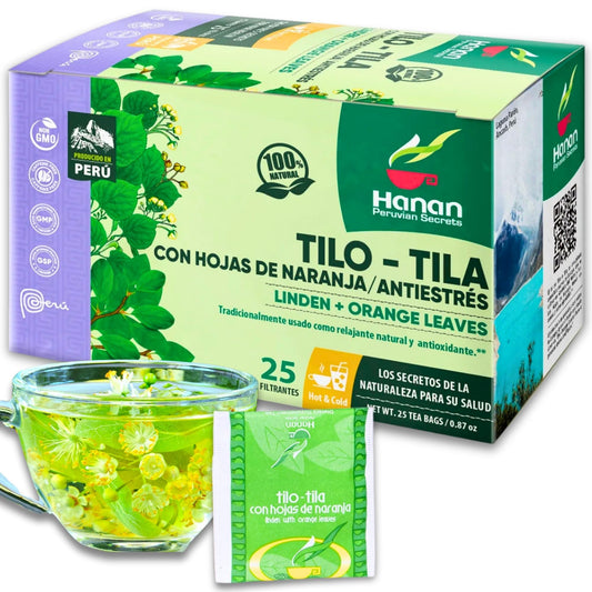 Hanan Linden Tea with Orange Leaves (Tilo con Naranja) - 25 Teabags of All-Natural Linden Leaves from Peru - Little-Leaf Linden, Pry con Hojas de Naranja