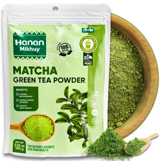 Hanan Mikhuy Matcha Green Tea Powder 100g - 100% Natural Té Verde Molido - Vegan, Non-GMO, Gluten-Free - for Smoothies, Baking, Recipes From Peru 3.53oz