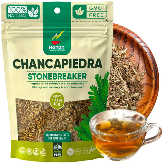 Hanan Chanca Piedra loose leaf herbal tea — 40g pouch of dried Stone Breaker leaves from Peru for kidney support