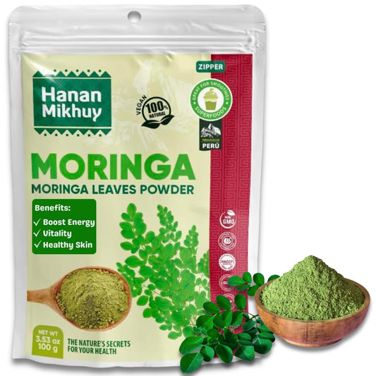 HANAN MIKHUY Moringa en Polvo 100g - 100% Natural Moringa Leaf Powder for Energy, Healthy Skin & Overall Well-Being - Vegan, Non-GMO, Gluten-Free, Keto from Peru (3.5oz)