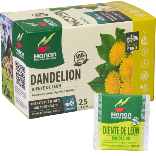 Hanan Dandelion Root Tea 25 Herbal Teabags - Support Kidney Function, Liver Cleanse Detox & Repair, Digestion Tea - Diente de Leon Dandelion Leaves from Peru – Te De Diente De Leon