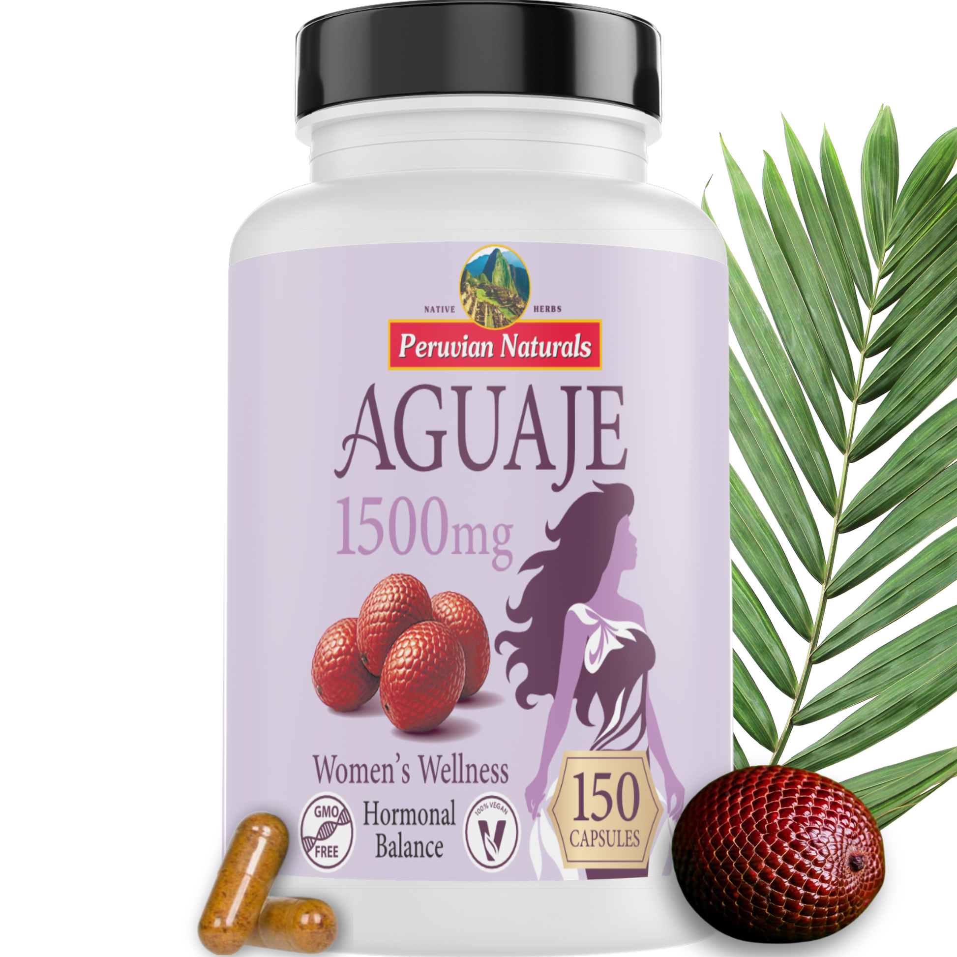 Peruvian Naturals Aguaje capsules bottle — Amazonian buriti fruit supplement for hormonal balance and women's wellness