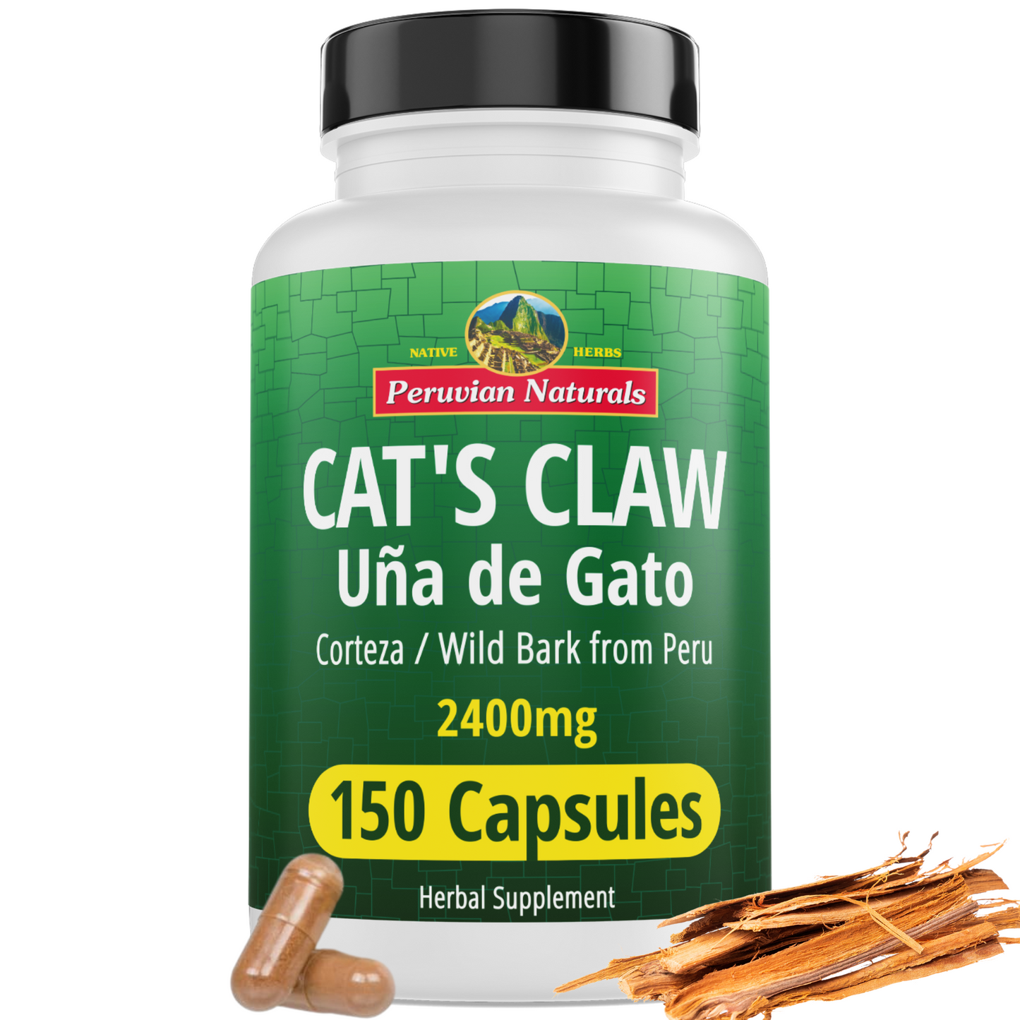 Peruvian Naturals Cat's Claw (Uña de Gato) capsules bottle — 150 capsules of pure Amazonian bark for immune and joint support