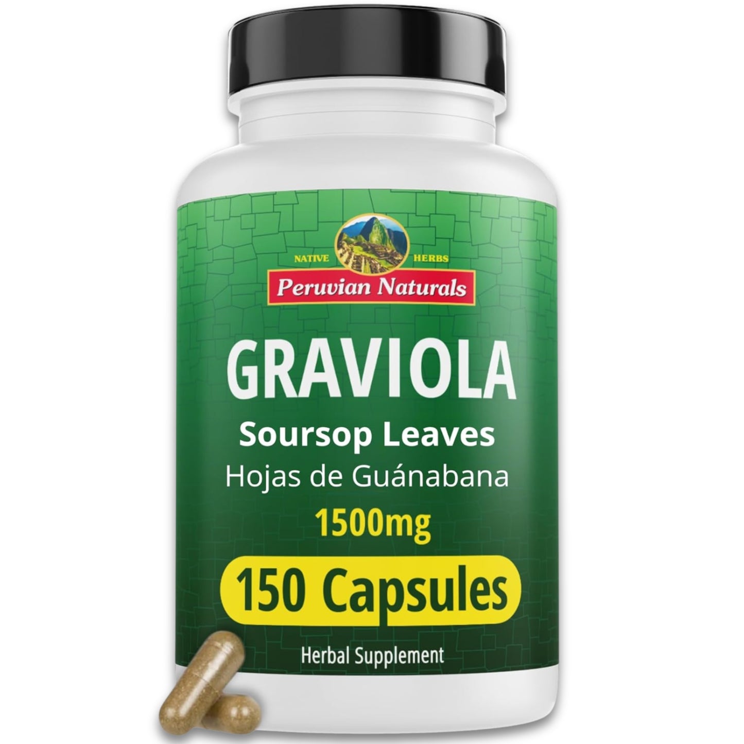 Peruvian Naturals Graviola (Soursop) capsules bottle — 150 capsules of Amazonian soursop leaf for immune and inflammation support