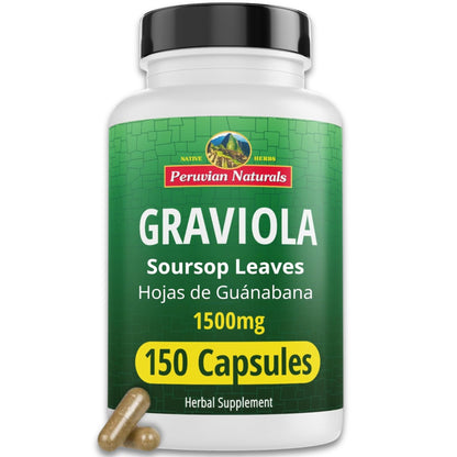 Peruvian Naturals Graviola (Soursop) capsules bottle — 150 capsules of Amazonian soursop leaf for immune and inflammation support
